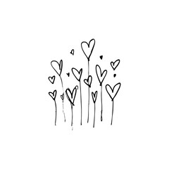 Doodle style drawing featuring a collection of hearts on stems in a minimalist black and white design style