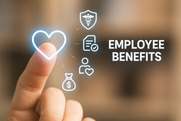 Employee benefits concept with finger pointing heart icon and medical, money, and approval