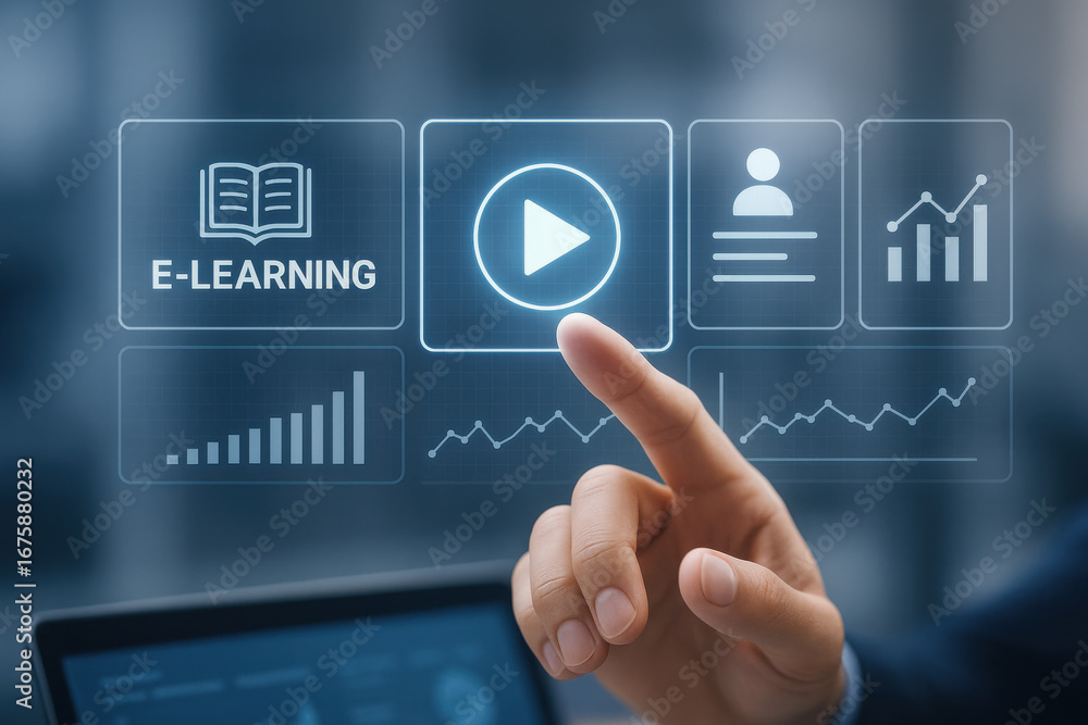 Poster e learning concept with hand pointing at play button on digital interface for online study