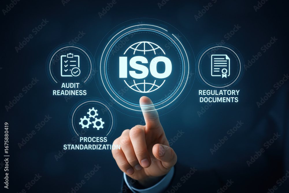 Poster iso certification concept with hand pointing digital interface showing audit readiness