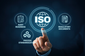 Fototapeta premium ISO certification concept with hand pointing digital interface showing audit readiness