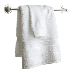 A white towel hanging on a chrome towel rack.
