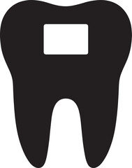 Black silhouette of tooth with filling glyph, ideal for dental, cavity, and oral care designs.
