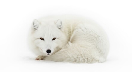 A curled up arctic fox isolated on white background shows its beautiful white fur