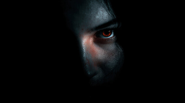 Close-up of a mysterious face half hidden in darkness, one glowing red eye staring with intensity