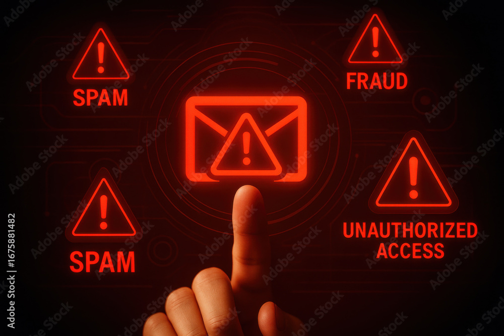 Poster email warning alert with spam, fraud, and unauthorized access signs on digital screen