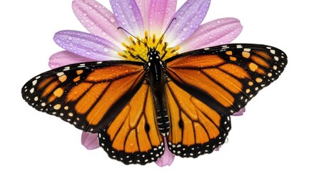 Naklejka premium Monarch butterfly perched on a flower, wings spread isolated on white background
