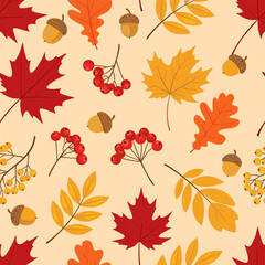 Obraz premium Vibrant Fall Background Seamless Pattern of Autumnal Leaves and Berries