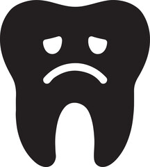 Black silhouette of tooth with sad face, representing toothache, ideal for dental and oral care designs.