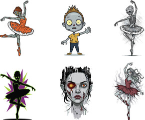 Creepy zombie ballerinas and undead characters in horror dance poses, spooky Halloween vector illustrations with scary ballet zombie theme.
