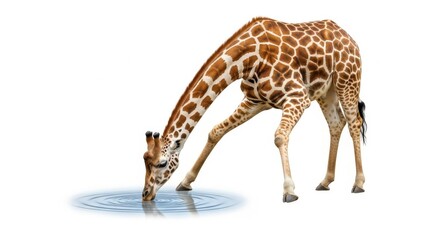Giraffe drinking water isolated on white background, showcasing its long neck and unique spotted pattern