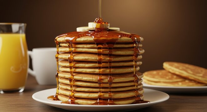 Delicious stack of golden pancakes with dripping syrup and sliced bananas perfect for breakfast or a sweet dessert