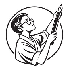 An artist with glasses holding a paintbrush isolated on white background