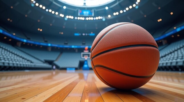 Orange basketball on polished wooden court in stadium image