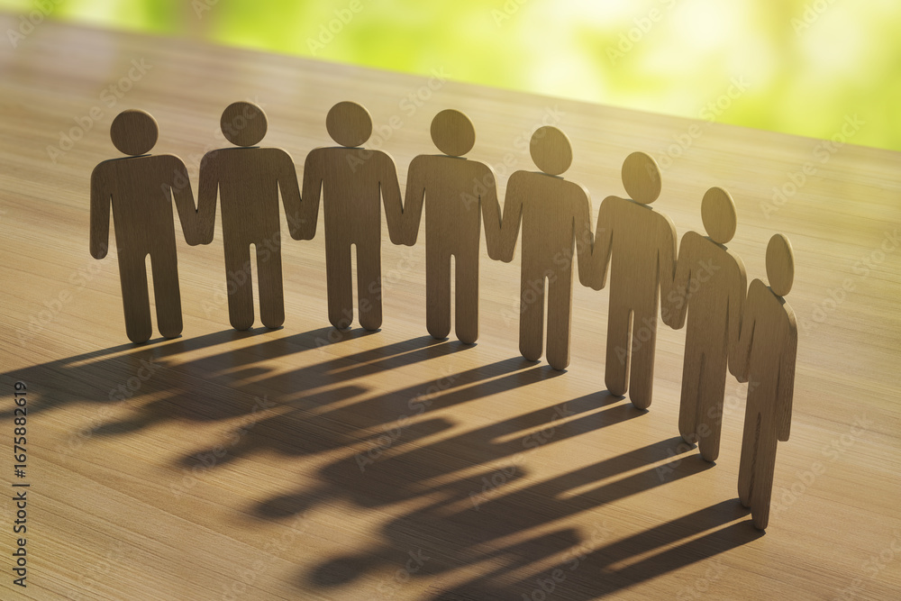 Aufkleber wooden human figures holding hands in unity casting long shadows on wooden surface with bright light