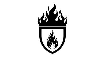 Black shield icon with flames for fire protection and safety, representing a firewall or security symbol.