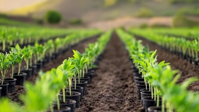 Seedlings thrive in organized rows on a sunny farm