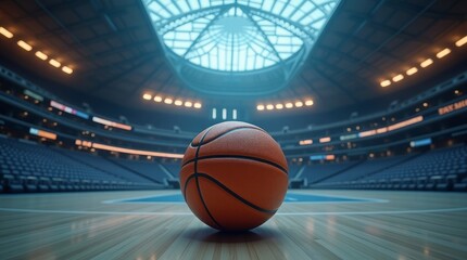 Orange basketball on wooden court in stadium arena