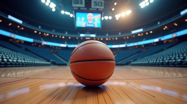 Orange basketball on polished wooden court in stadium image