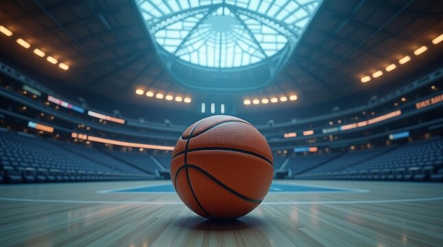 Orange basketball on wooden court in stadium arena - Powered by Adobe