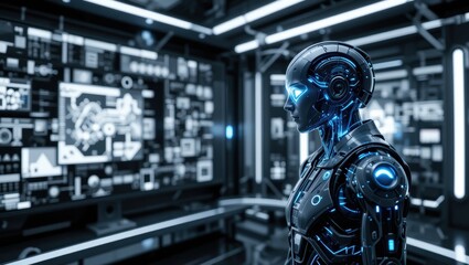 Futuristic Cybernetic Robot with Neon Lights in High-Tech Control Room Surrounded by Monitors
