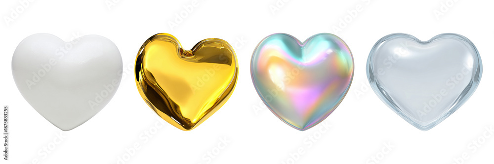 Poster heart-shaped objects in various finishes set. love and aesthetic design collection isolated on trans