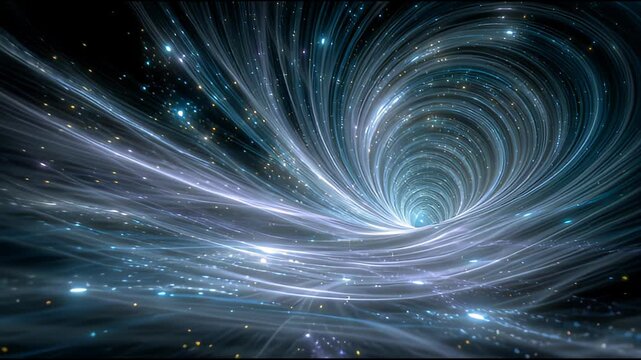 Futuristic wormhole journey through space time tunnel, an immersive abstract vortex of swirling light and star energy creating mysterious cosmic background for exploration