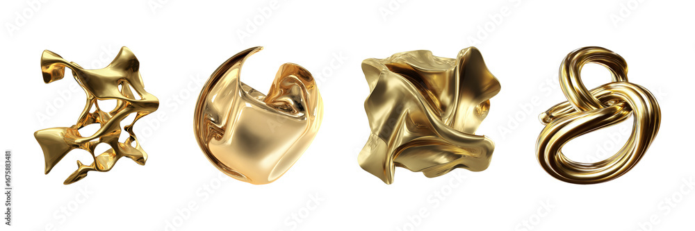 Poster abstract gold sculptures set. modern art and design elements collection isolated on transparent back