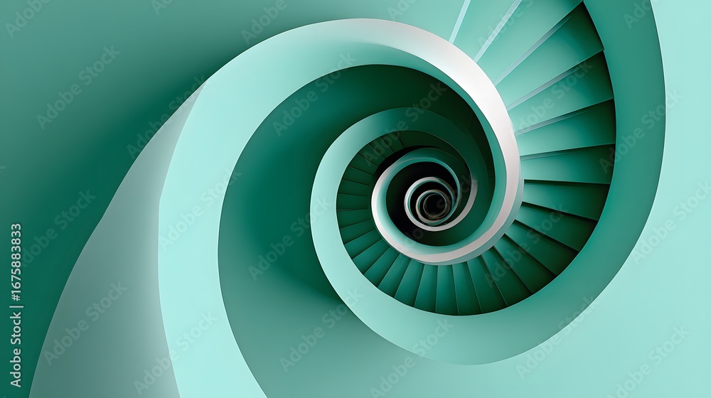 Poster intricate three-dimensional spiral staircase in turquoise color with smooth curves and symmetry