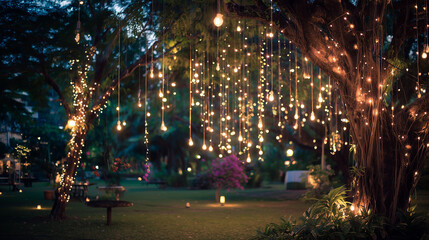 Enchanting evening garden with string lights hanging between trees, creating a warm, magical atmosphere for outdoor gathering
