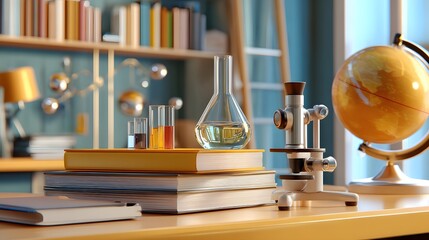 Modern Science Workspace with Laboratory Equipment and Educational Materials in Bright Environment