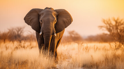 Obraz premium Majestic African elephant walking through golden savannah during sunset, capturing strength and grace in nature 