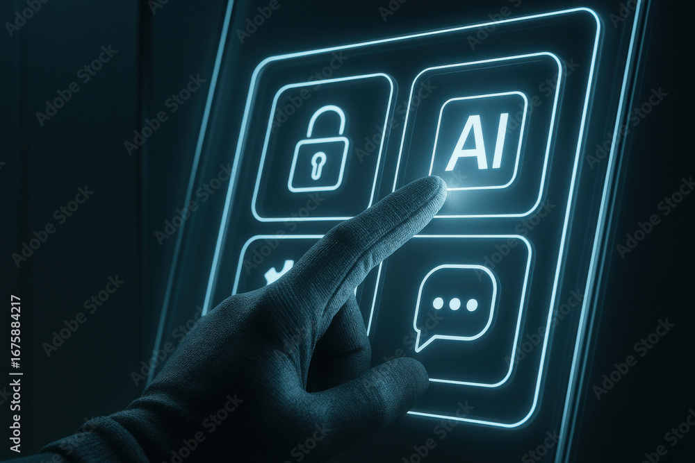 Poster artificial intelligence concept with hand pressing glowing ai button on digital screen