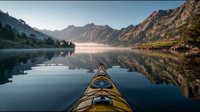 Immersive first person view exploring serene mountain landscape from yellow kayak on calm alpine lake at sunrise, with peaceful morning fog and perfect water reflection