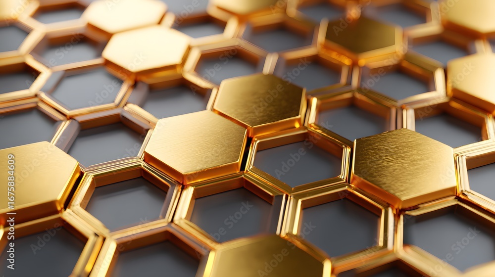 Poster close-up view of golden hexagonal pattern with shiny metallic texture and modern design elements
