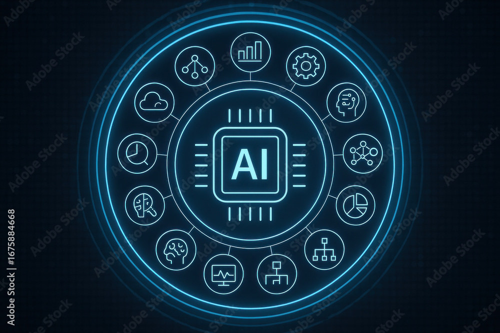 Poster artificial intelligence concept with glowing icons and futuristic digital design