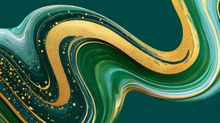 Abstract Green and Gold Fluid Art Design with Swirls and Textured Patterns for Modern Decor