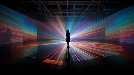 Person silhouette contemplates futuristic and colorful light art installation. An immersive virtual experience where digital ray projections create vibrant, sensory tunnel - Powered by Adobe