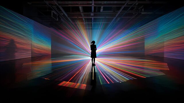 Person silhouette contemplates futuristic and colorful light art installation. An immersive virtual experience where digital ray projections create vibrant, sensory tunnel - Powered by Adobe