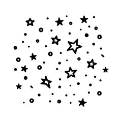 Illustration showing a collection of black stars and dots scattered across a white background in a random pattern