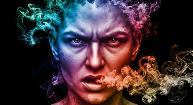 A woman's face, rendered in colorful smoke, expresses intense anger.