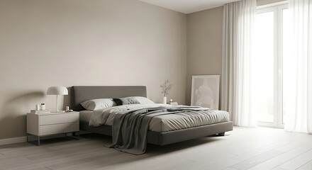 Serene Modern Bedroom with Gray Bed and White Curtains.
