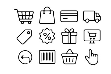 Set of 12 minimal e-commerce icons including cart, shopping bag, credit card, delivery truck, tag, discount, gift, online shop, return, barcode, basket, and hand cursor. Clean black outline vector.