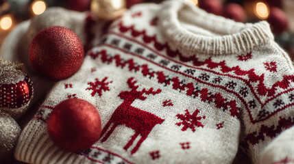 Festive Christmas sweater featuring cozy knitwear with reindeer and snowflake patterns, ideal for holiday celebrations, winter fashion, and seasonal gift-giving