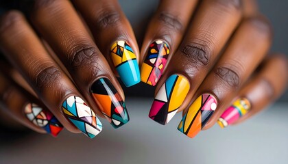 Obraz premium Colorful Geometric Patterned Manicure with Bright Nails on Dark Skin