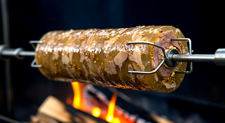 Estonia – Sült (Jellied Pork on a Spit). a unique spit-roasted jellied pork loaf, gelatinous and meaty with layers of pork and aspic, rotating over a slow birch wood fire 