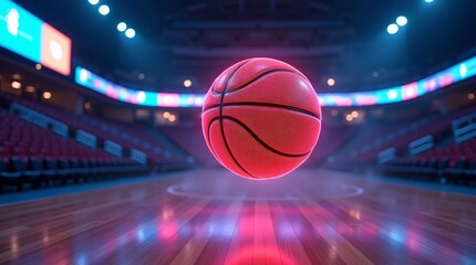 Orange basketball suspended above polished wooden court in brightly lit stadium image