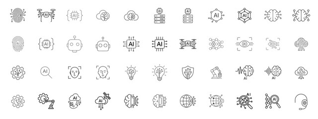 Artificial Intelligence Thin Line Icons Minimal Stroke AI, Machine Learning, Neural Network, Chatbot, Robotics Vector Icon Set