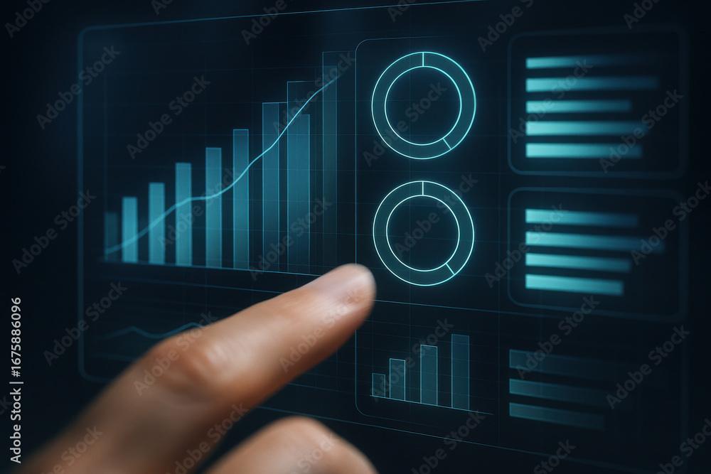 Poster finger pointing at futuristic digital interface with charts and graphs
