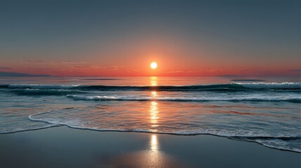 Fototapeta premium Stunning Sunset Over Calm Ocean Waters with Reflective Shores and Soft Clouds in the Sky